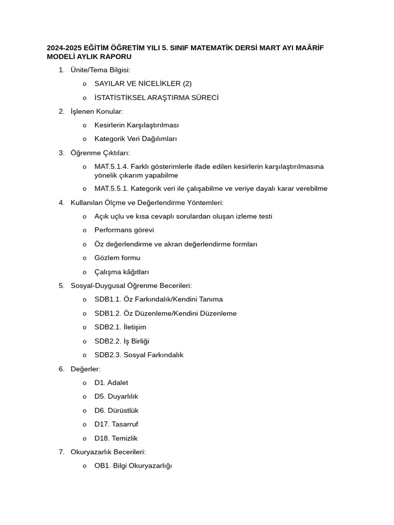 Mart Ayı Maârif Modeli Aylık Raporu | PDF