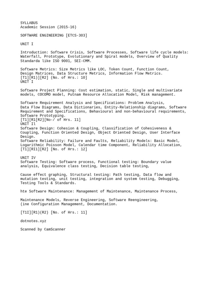 Software Engineering Syllabus 2015-16 | PDF