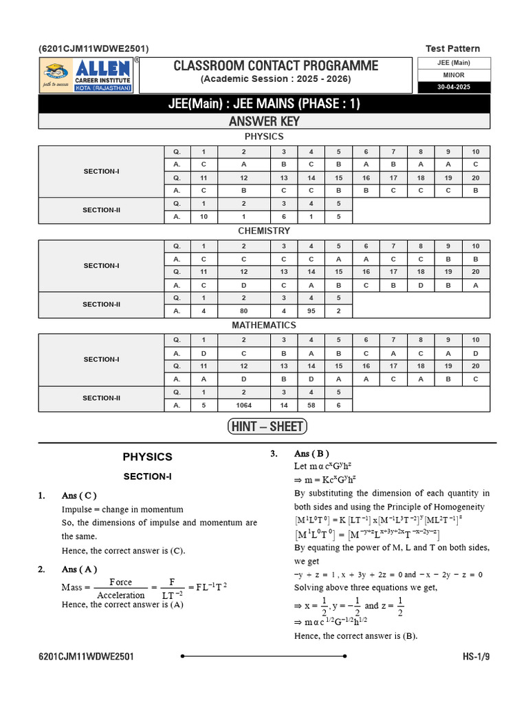 JEE Main 2025 Physics, Chemistry, Math Answers | PDF | Quantity | Physics