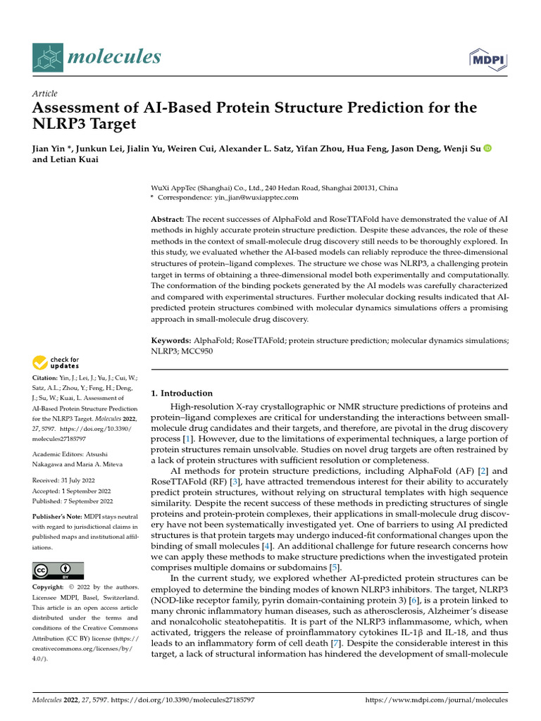 AI Protein Structure Prediction for NLRP3 | PDF | Proteins | Docking ...
