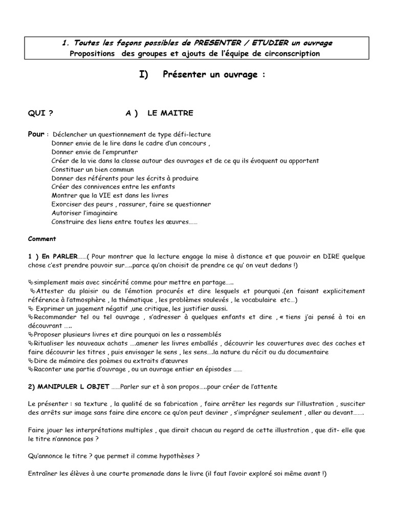 Présenter et Étudier un Ouvrage en Classe | PDF