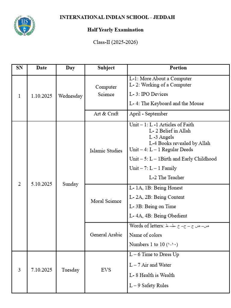 Class II Half Yearly Exam Schedule 2025 | PDF | Abrahamic Religions