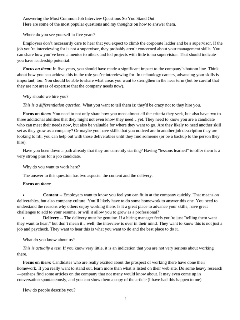 Answering The Most Common Job Interview Questions | PDF | Job Interview ...