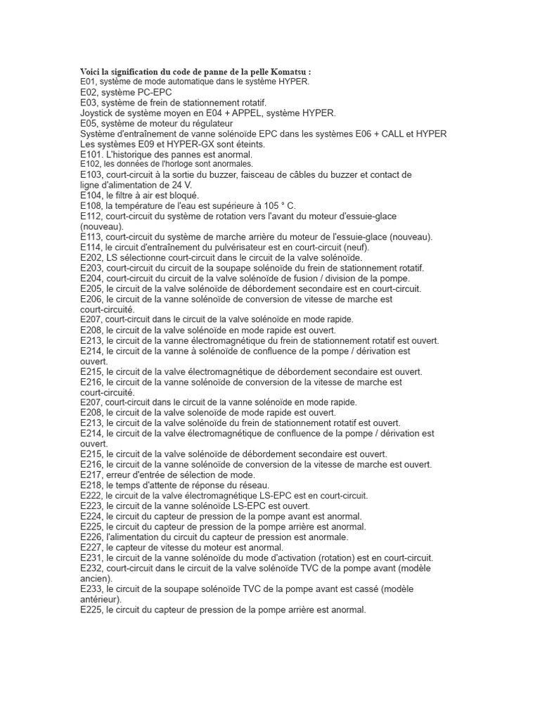 Codes de panne des pelles Komatsu E03 | PDF