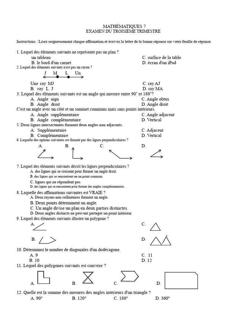Examen de mathématiques 7ème année | PDF | Polygone | Triangle