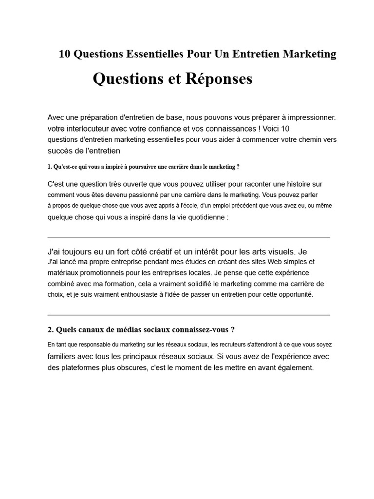 Questions Clés pour Entretien Marketing | PDF | Réseautage social ...