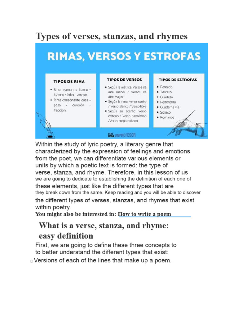 Types of Verses, Stanzas, and Rhymes | PDF | Poetry | Rhyme
