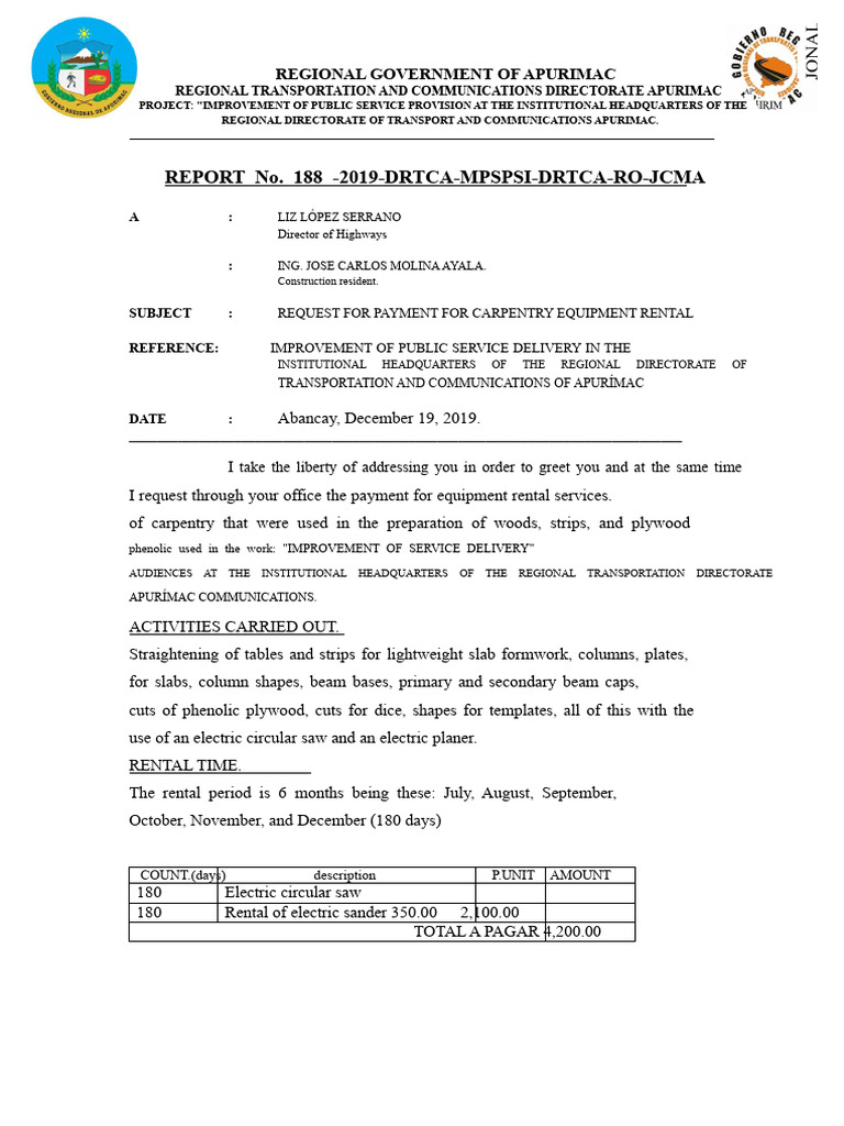 Report N°188 Request For Payment For Rental of Carpentry Equipment ...