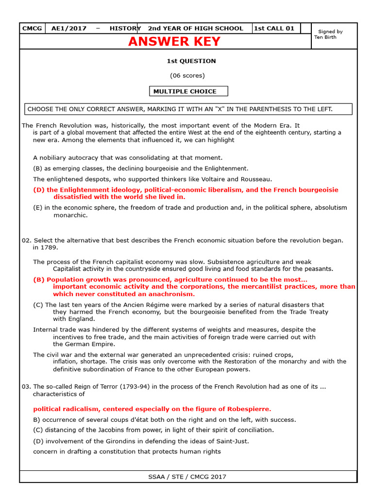 ANSWER - KEY - AE1 - HISTORY - 2ND - YEAR (2) - Ok | PDF | French ...