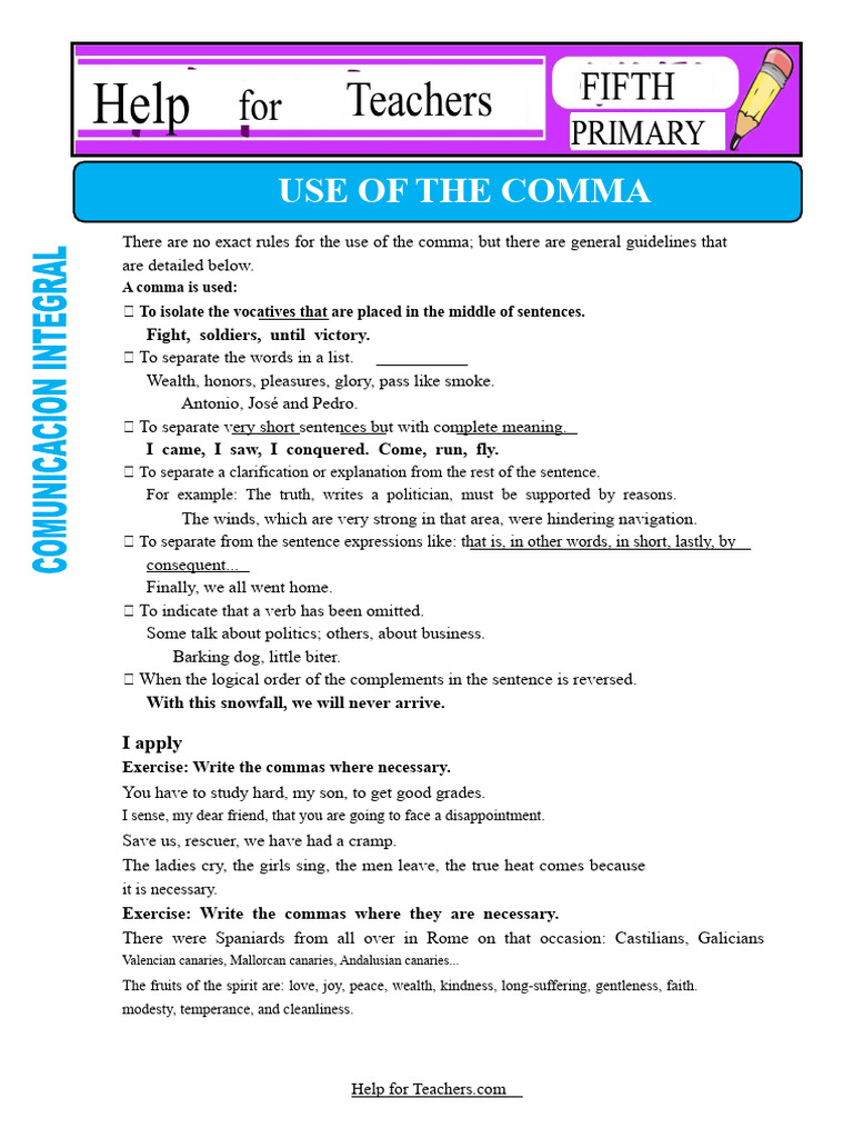 Use of The Comma For Fifth Grade | PDF | Comma | Linguistics