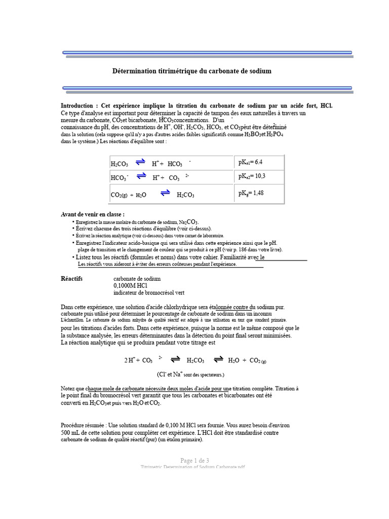 Titration du carbonate de sodium en laboratoire | PDF | Titrage | Chimie