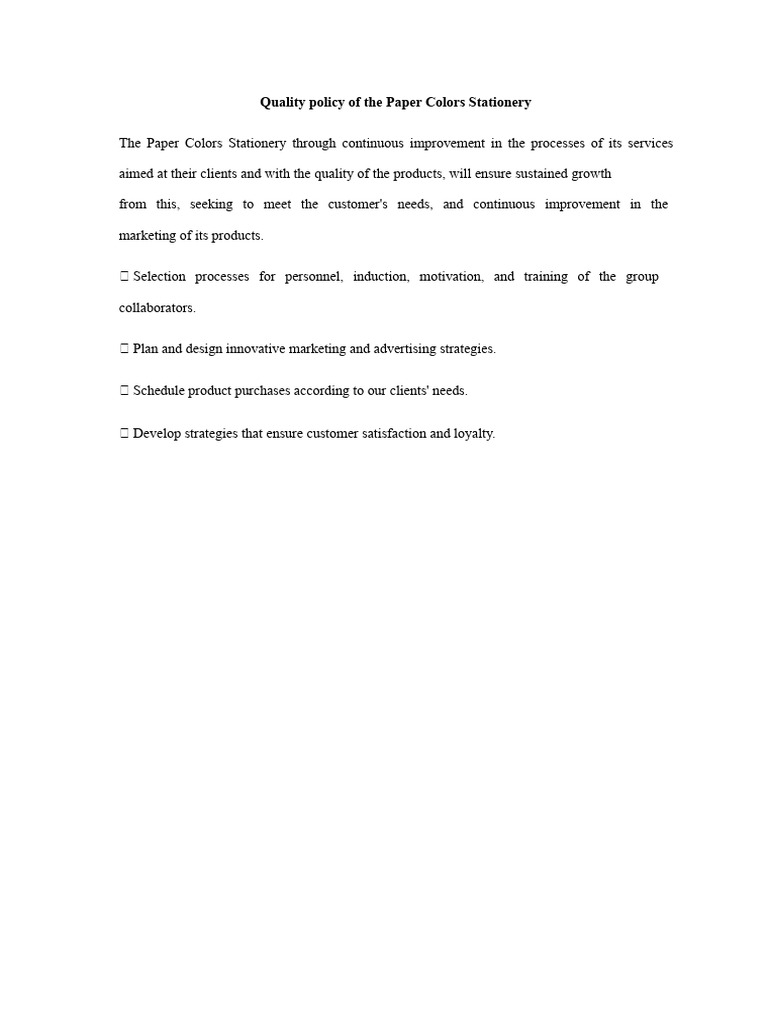 Quality Policy of The Paper Store Paper Colors | PDF