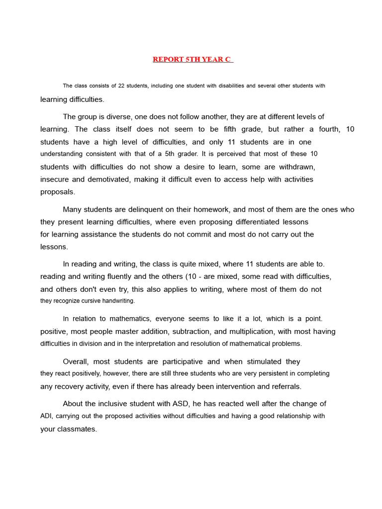 5th Grade Class Performance Report | PDF