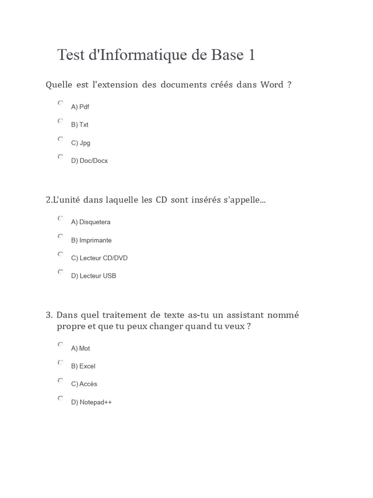 Test Informatique de Base: Questions clés | PDF | Internet | Internet ...