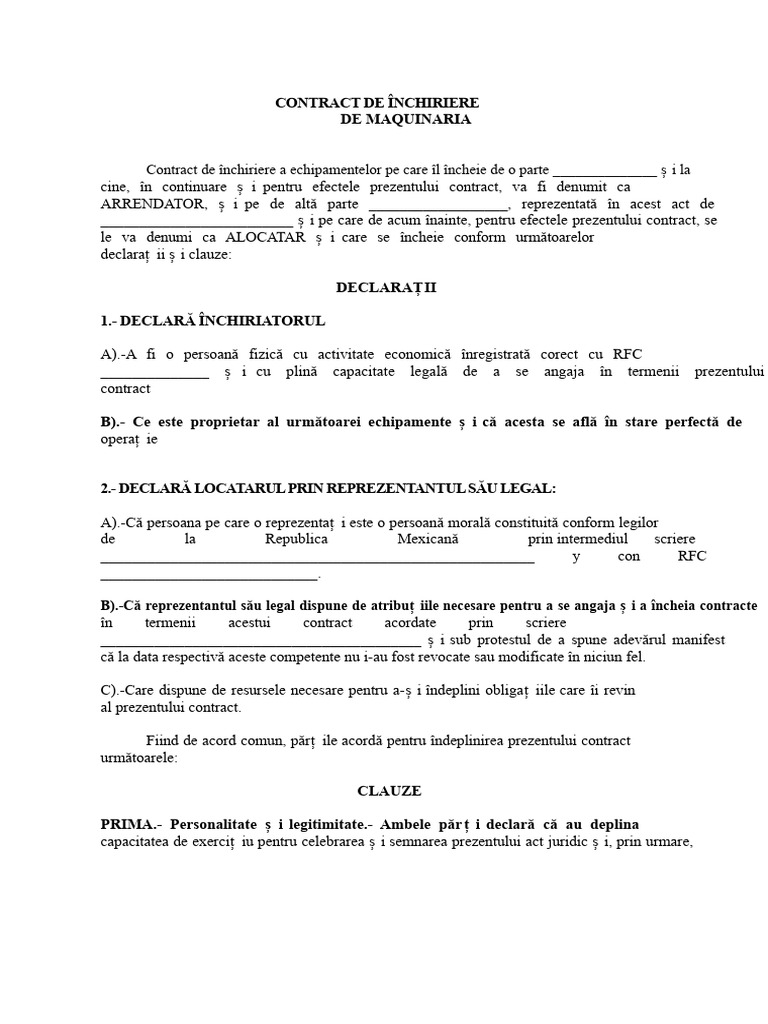 Model Contract de Închiriere A Utilajului | PDF