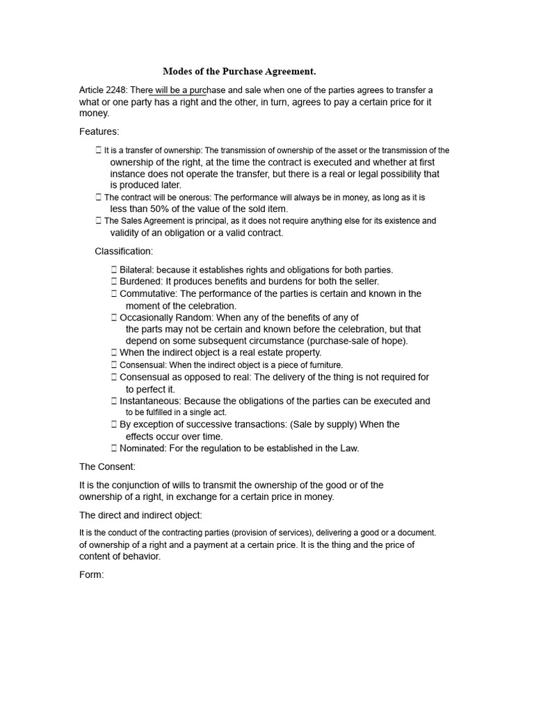 Purchase Agreement Modes Explained | PDF | Prices | Sales