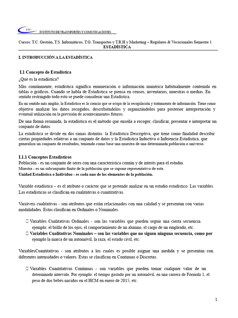 Pre - Manual de Estadística ITC PDF | PDF | Media | Modo (Estadísticas)