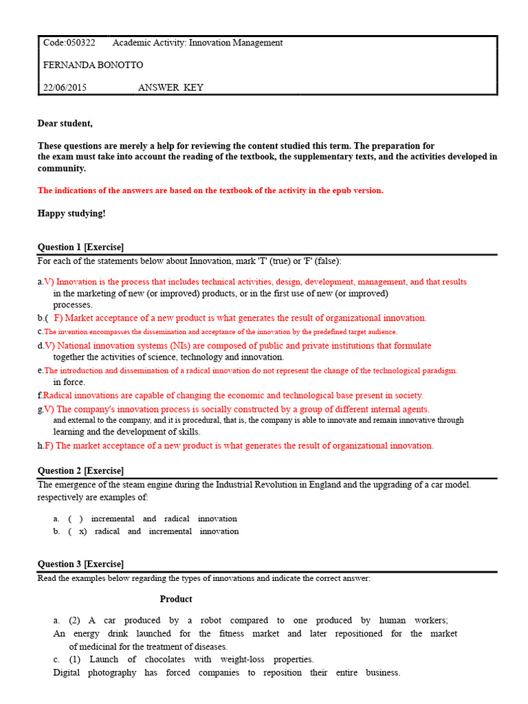 Innovation Management Exam Review Guide | PDF | Patent | Innovation