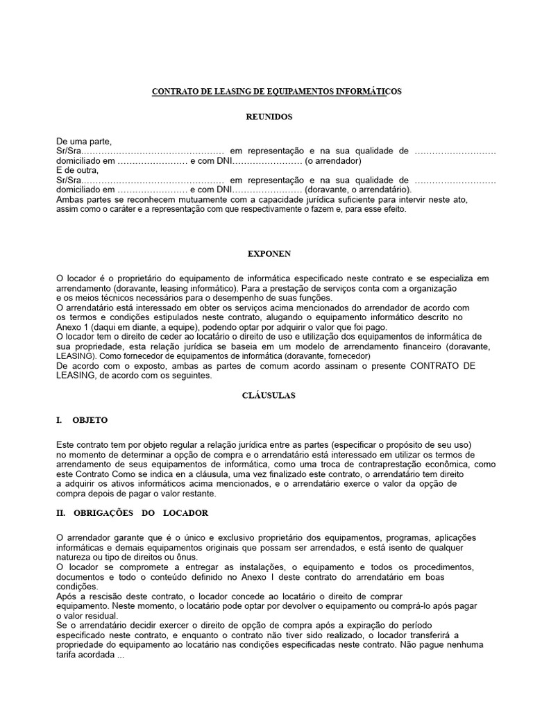 Contrato de Leasing de Equipamentos Informáticos | PDF | Leasing ...