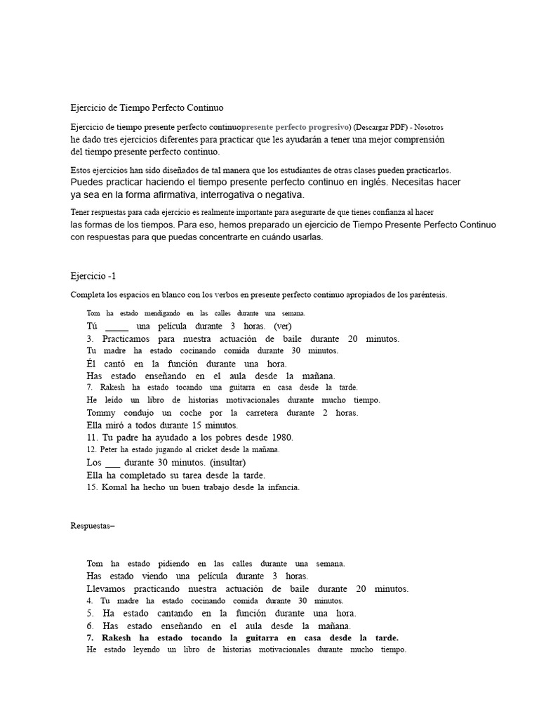 Ejercicios de Presente Perfecto Continuo | PDF