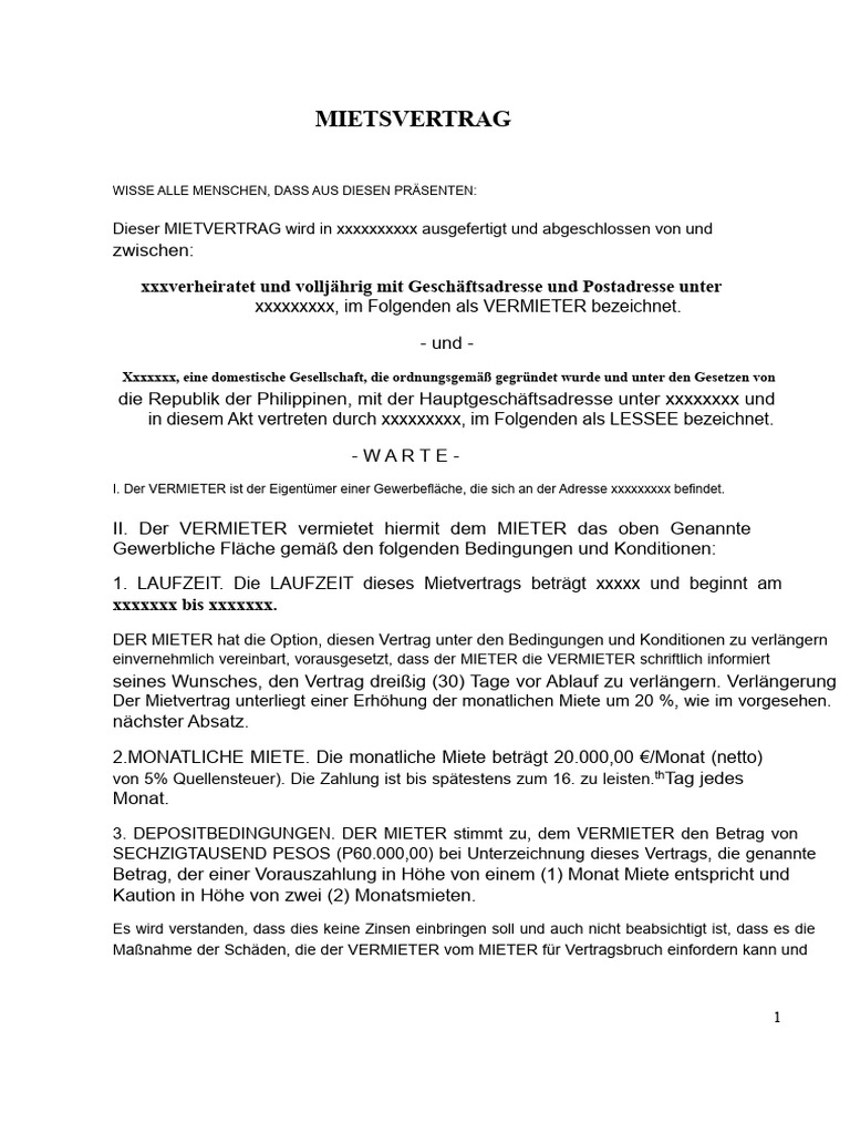 Mustervertrag Über Die Miete | PDF
