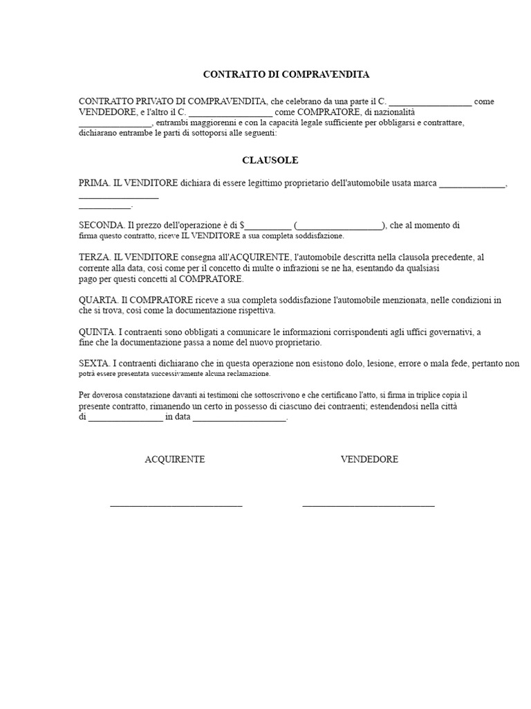 Contratto Semplice Di Compravendita Auto | PDF