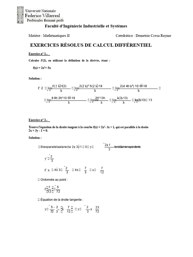 Exercices de Calcul Différentiel Résolus | PDF | Calcul différentiel ...