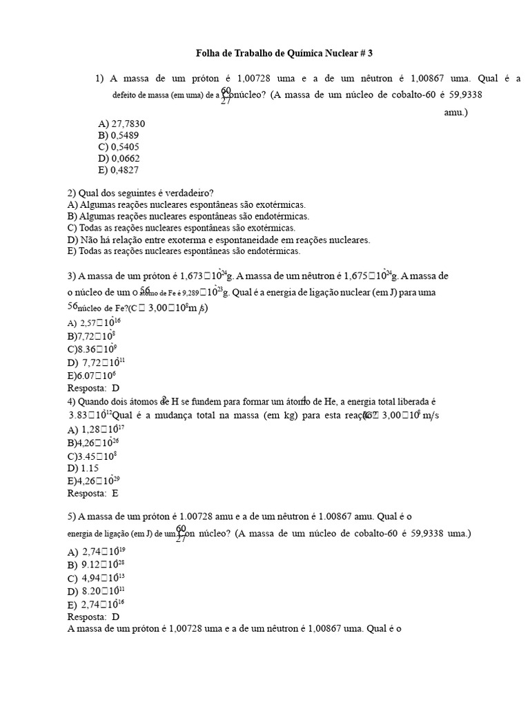 Exercícios de Química Nuclear e Energia | PDF | Física Nuclear | Reação ...