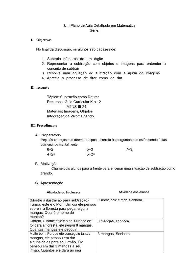 Um Plano de Aula Detalhado em Matemática | PDF | Imagem | Equações