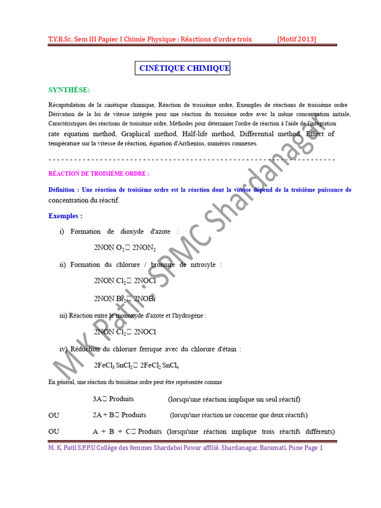 Réactions de troisième ordre en chimie | PDF | Cinétique chimique ...