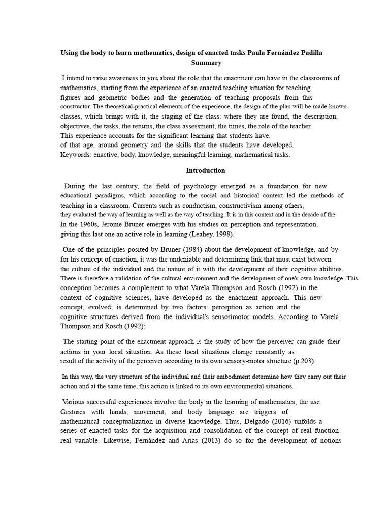 Bruner.-Using The Body To Learn Mathematics | PDF | Learning | Concept