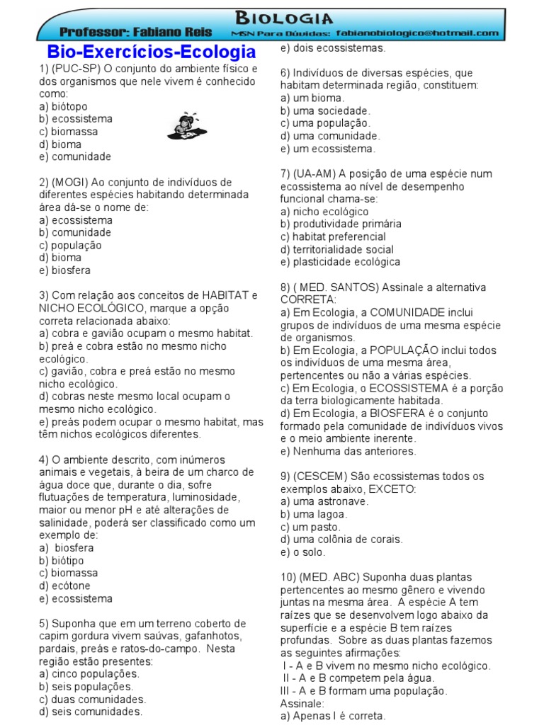 2 Ecologia - Exercicios | PDF | Ecologia | Ecossistema