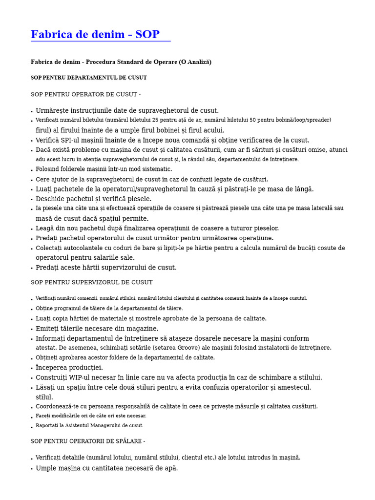 SOP Pentru Fabrica de Denim | PDF