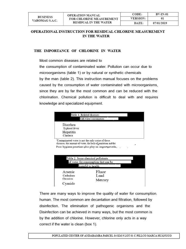 Operational Instructions For Measuring Residual Chlorine in Water | PDF ...