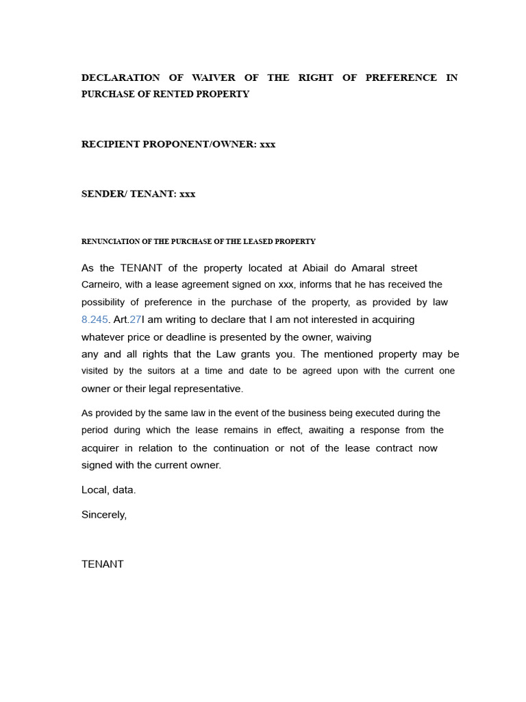 Model Declaration of Waiver of Right of Preference | PDF