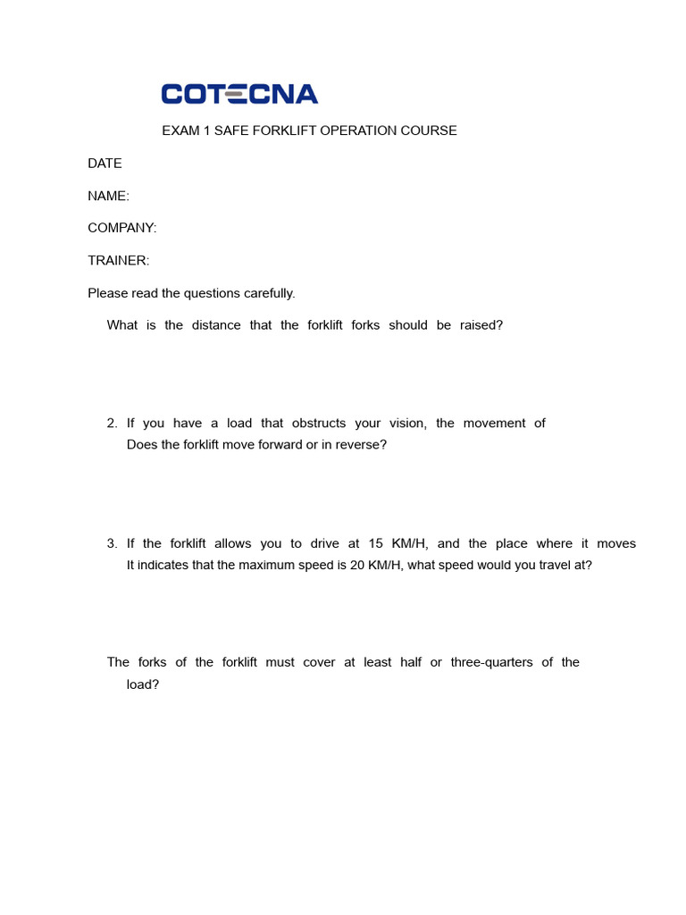 Exam 1 Safe Forklift Operation Course PDF | PDF