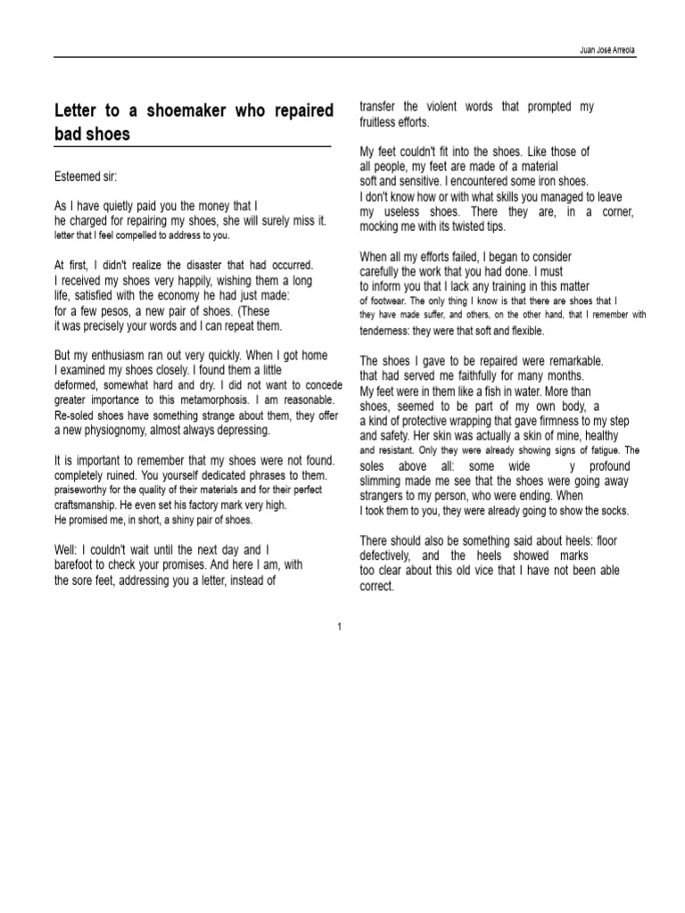 Letter of Complaint to a Shoemaker | PDF | Shoe | Foot