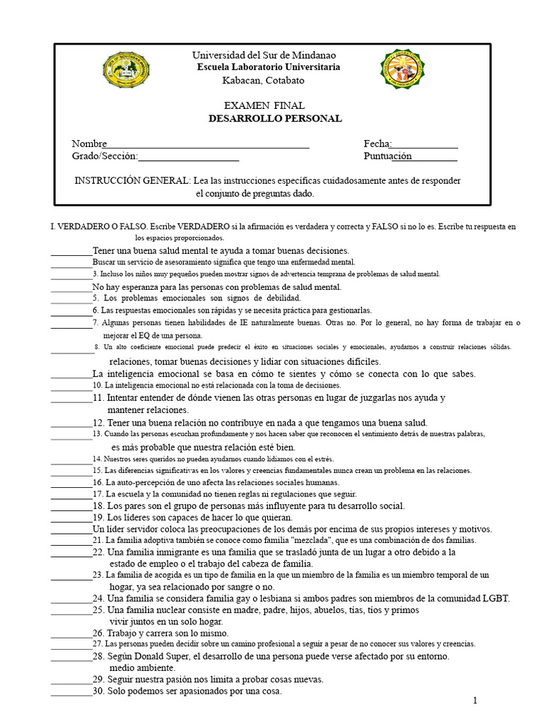 Examen Final de Desarrollo Personal | PDF | Las emociones ...