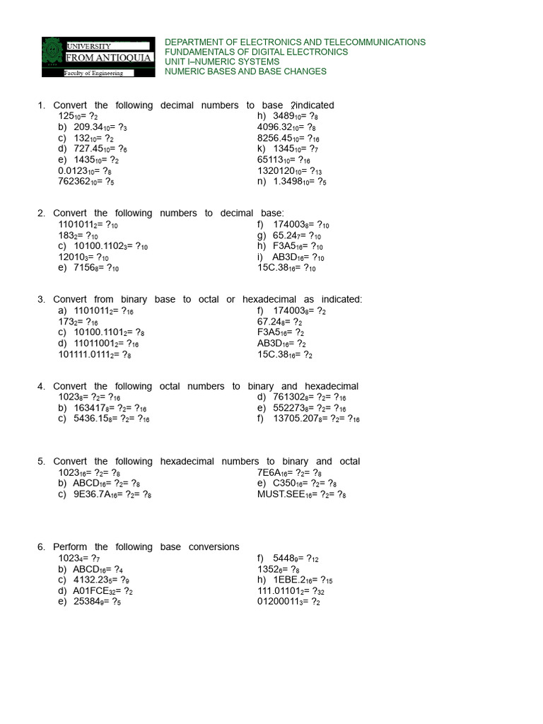 Numeric Base Exercises | PDF