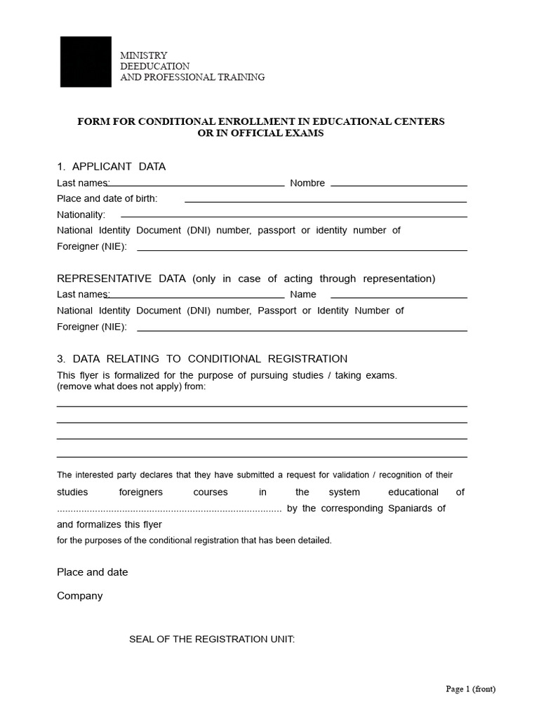 Form For Conditional Enrollment in Educational Centers or in Official ...