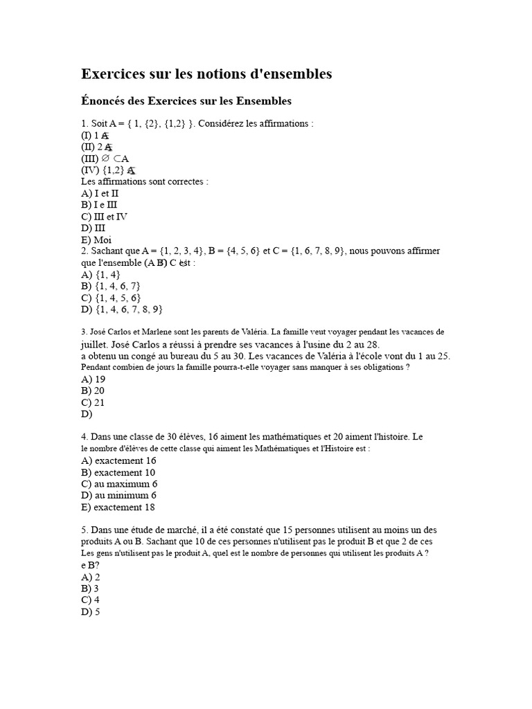 Exercices sur les Ensembles et Opérations | PDF | Inclusion ...