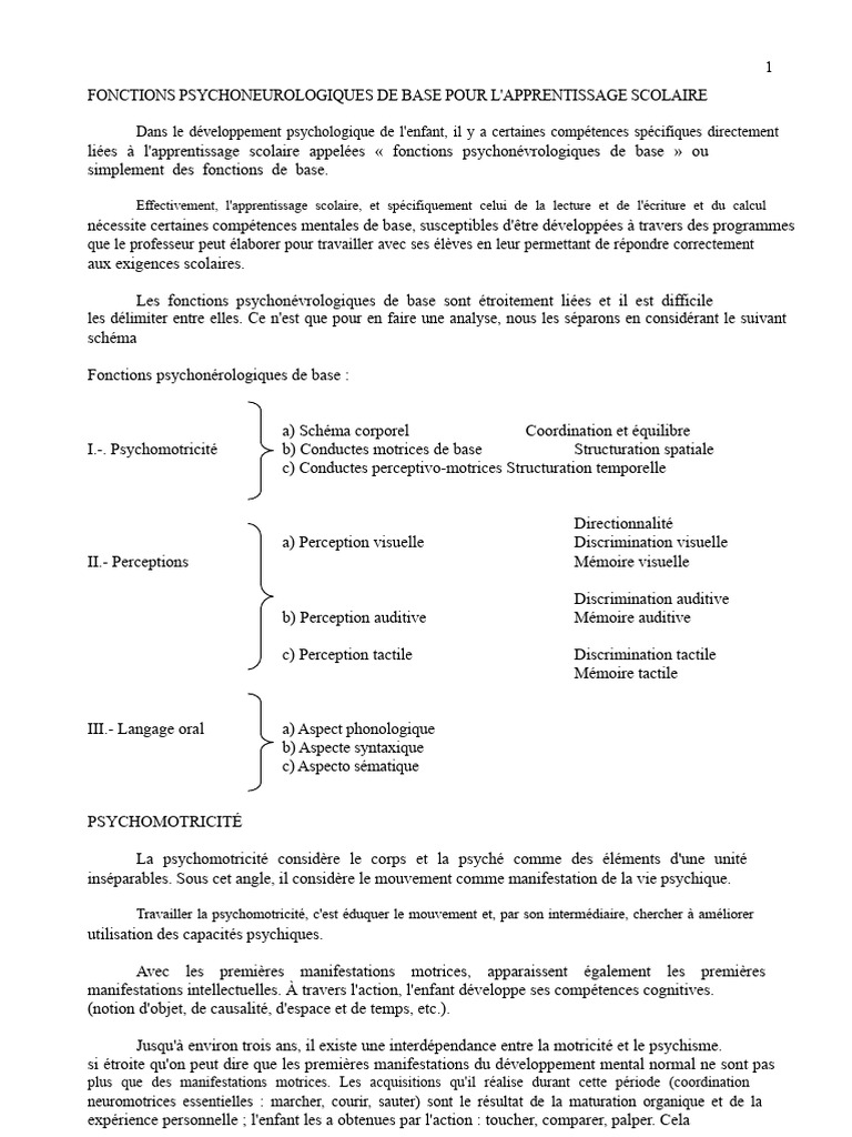 Fonctions psychonévrologiques et apprentissage | PDF | la perception ...