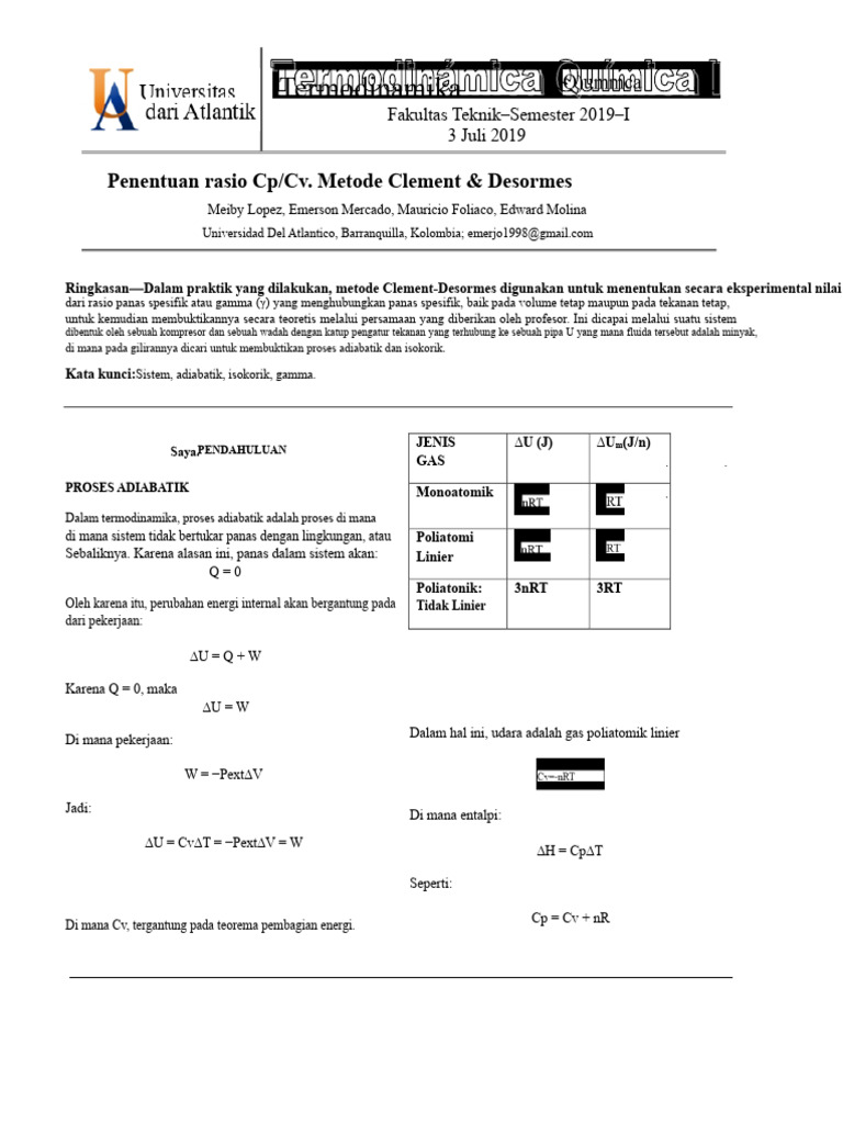 Penentuan Rasio Cp/Cv Metode Clement | PDF