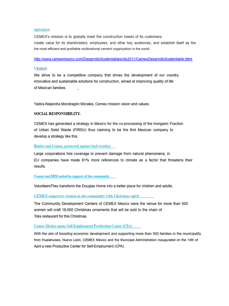 CEMEX Mission, Vision, and Values Overview | PDF | Economies