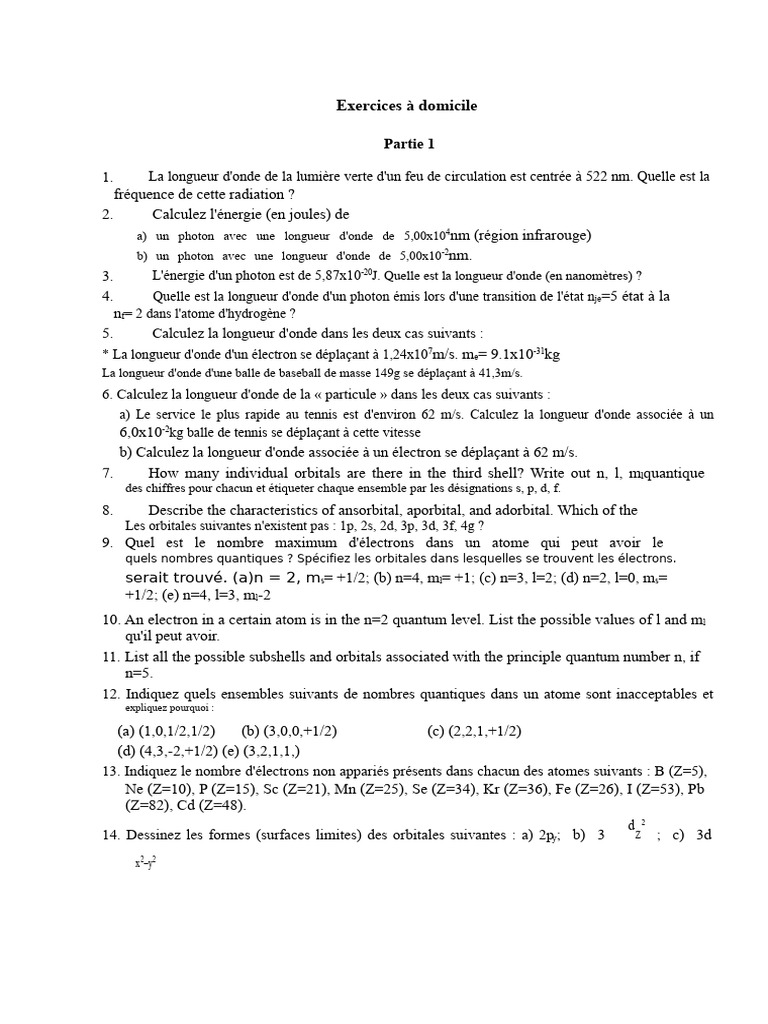 Exercices de physique et chimie quantique | PDF | Configuration ...
