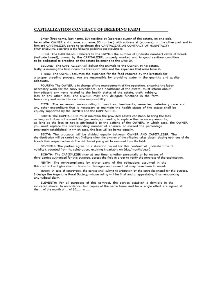 Capitalization Contract For Breeding Estate | PDF | Expense | Livestock