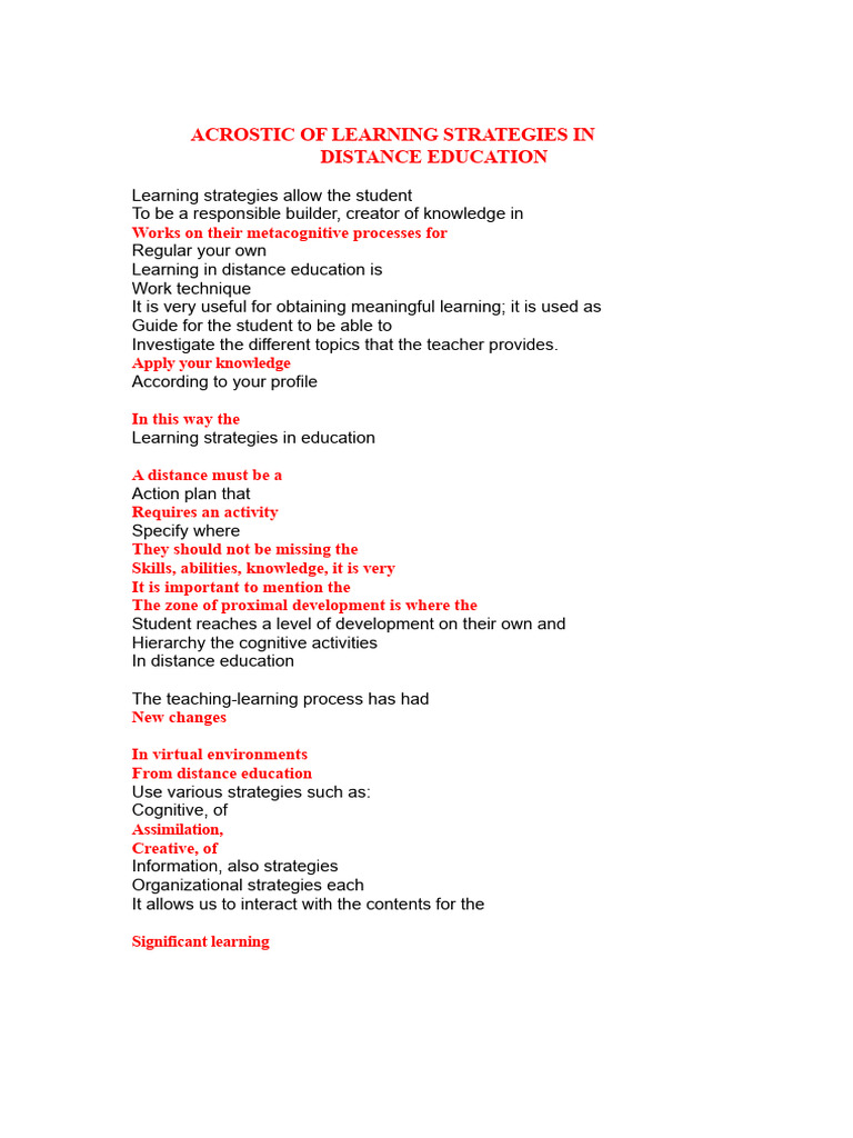 Acrostic of Learning Strategies in Distance Education | PDF