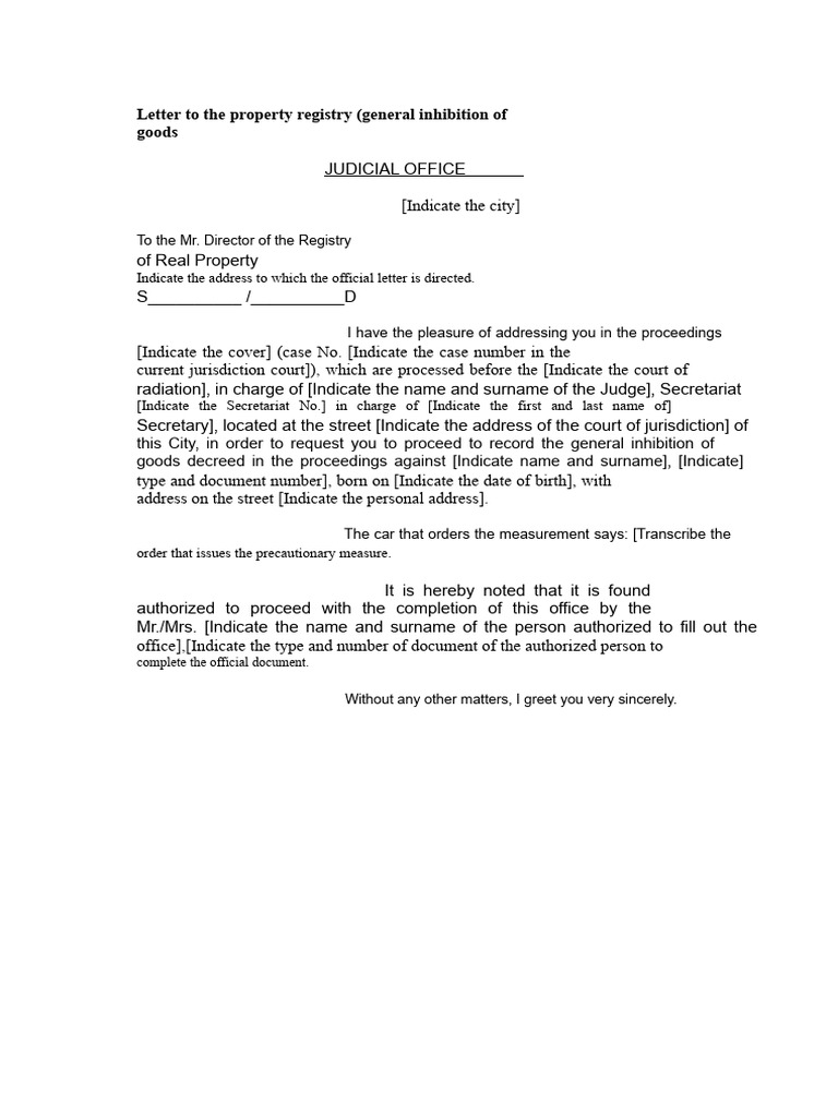 Letter To The Property Registry (General Inhibition of Assets) | PDF