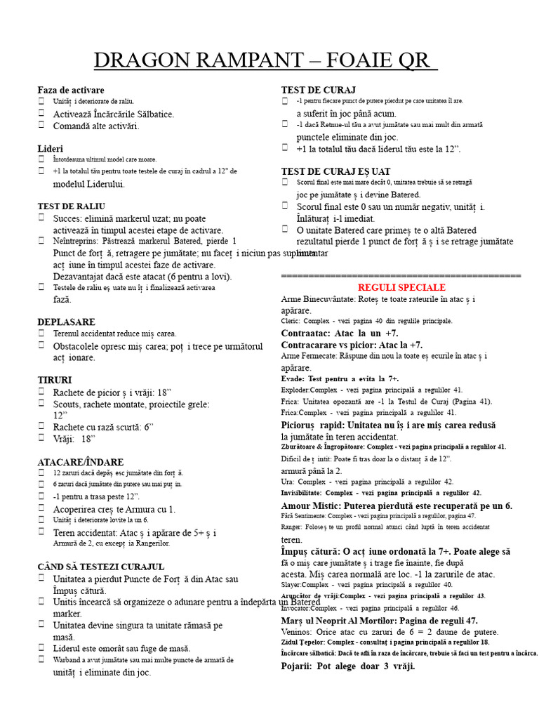 Regulile Dragon Rampant Foaie QR v1 | PDF