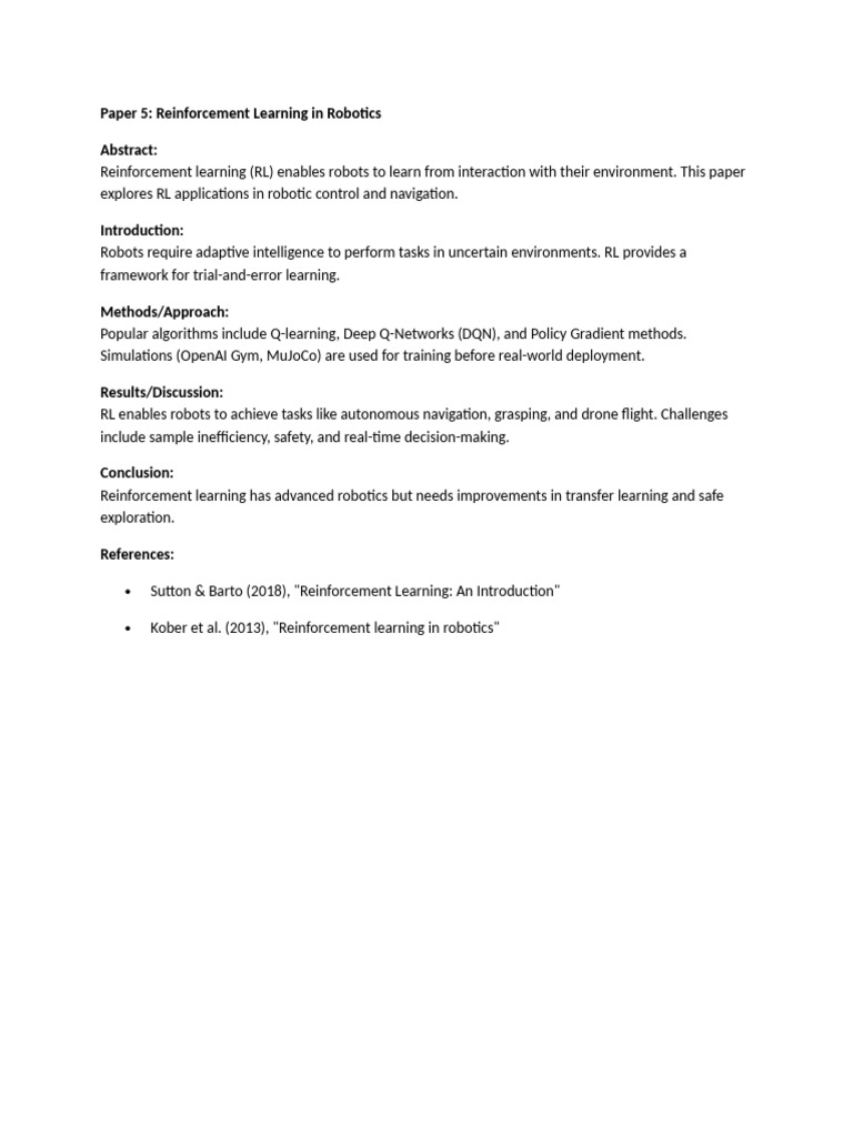 Reinforcement Learning in Robotics | PDF
